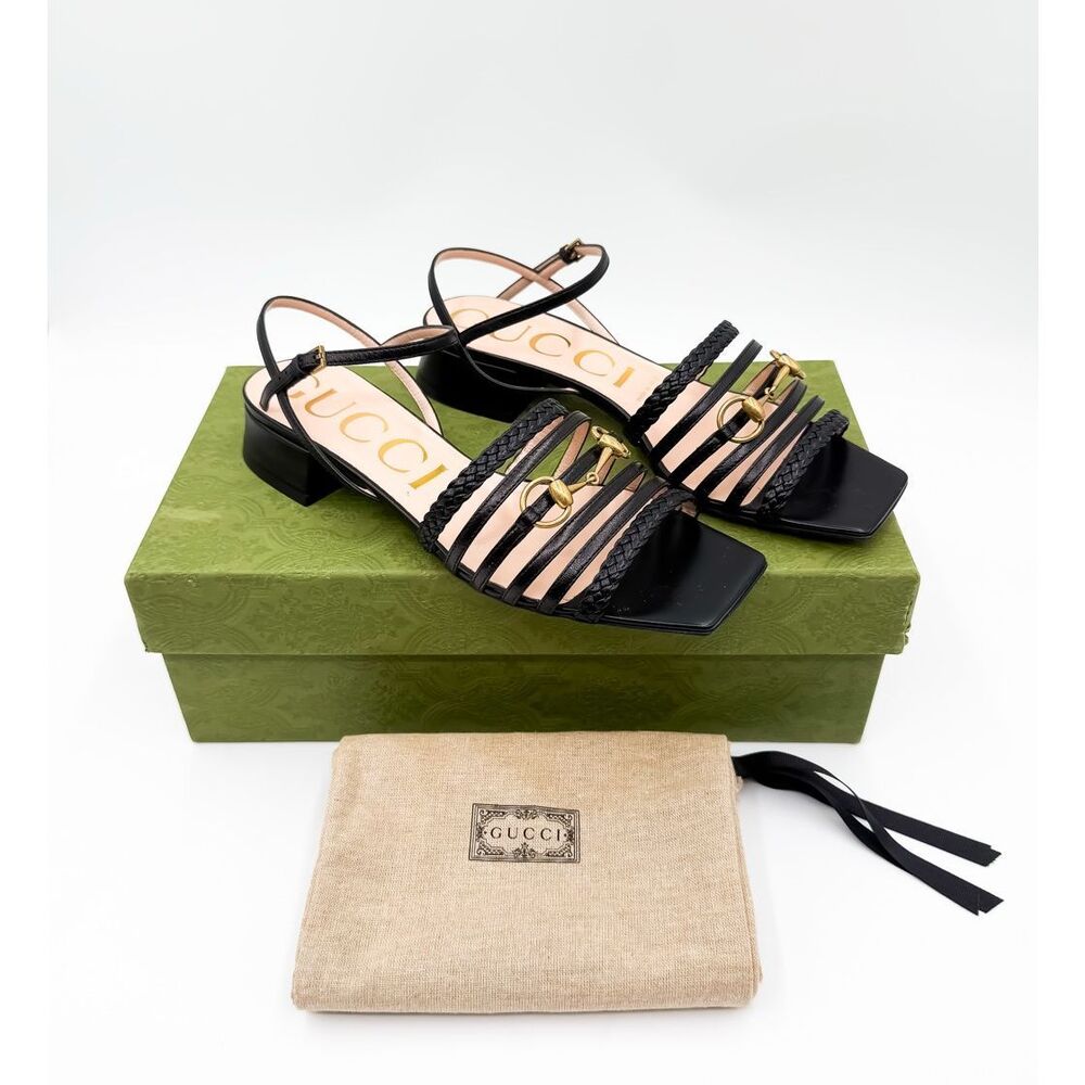 Gucci Ketty Horsebit Low Heel Black Leather Sandals EU 37.5 US 7.5